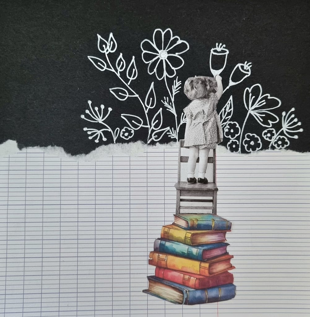 Collage : une fillette dessine des fleurs sur un tableau noir