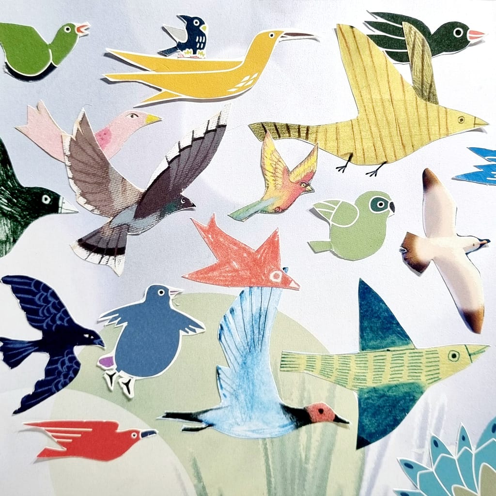 Collage coup de cœur : une envolée d'oiseaux multicolores
