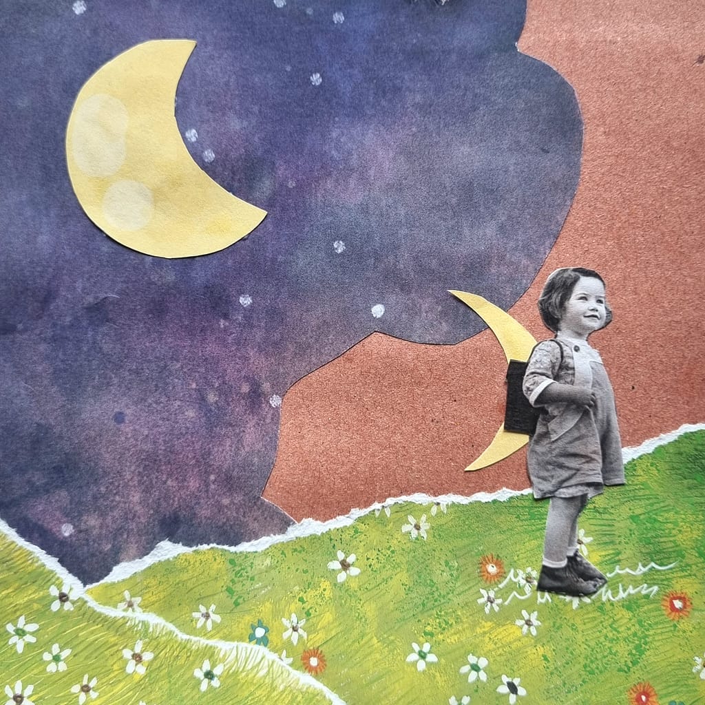 Collage coup de cœur : une fillette au clair de lune dans un pré fleuri