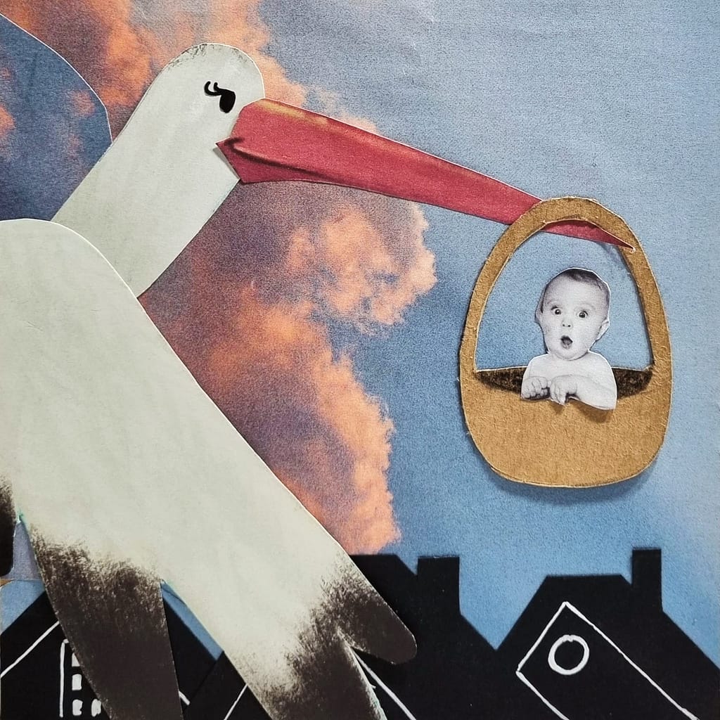 Collage : une cigogne porte un bébé dans un panier