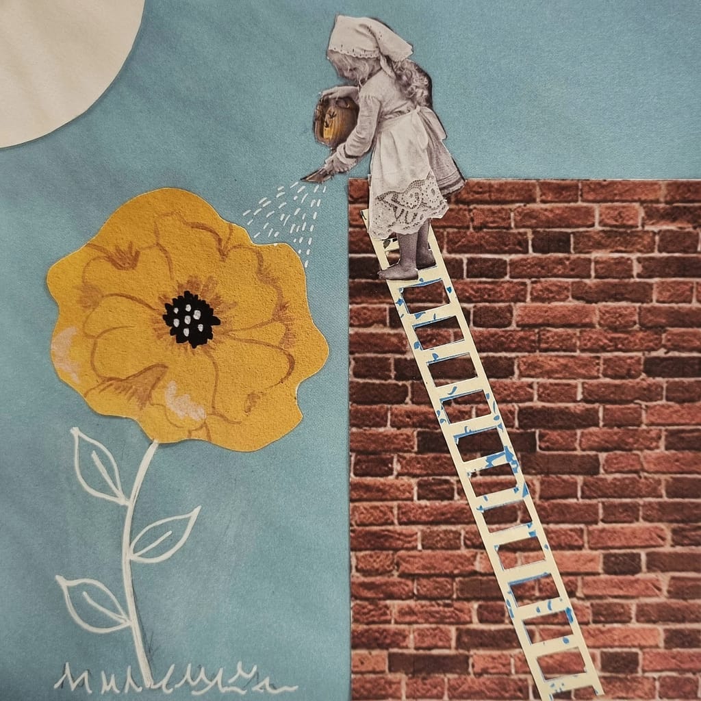 Collage : une fillette arrose une fleur du haut d'une échelle