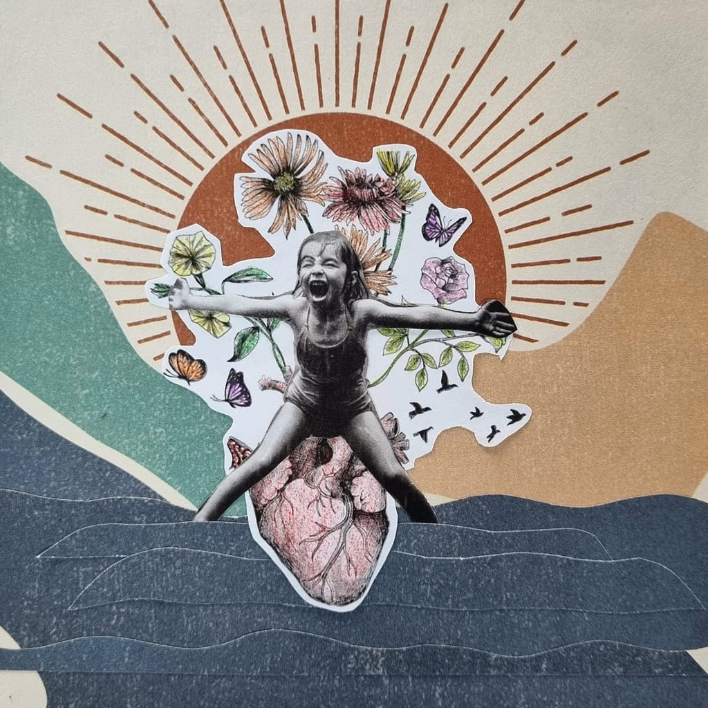 Collage : une fillette en pleine joie, entourée de fleurs et papillons
