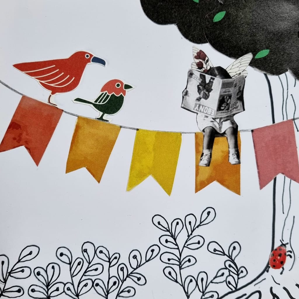 Collage : des oiseaux et un enfant lisant le journal sur un fanion