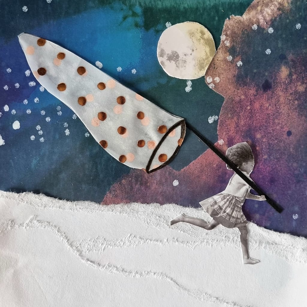 Collage : une fillette attrape des étoiles avec un filet