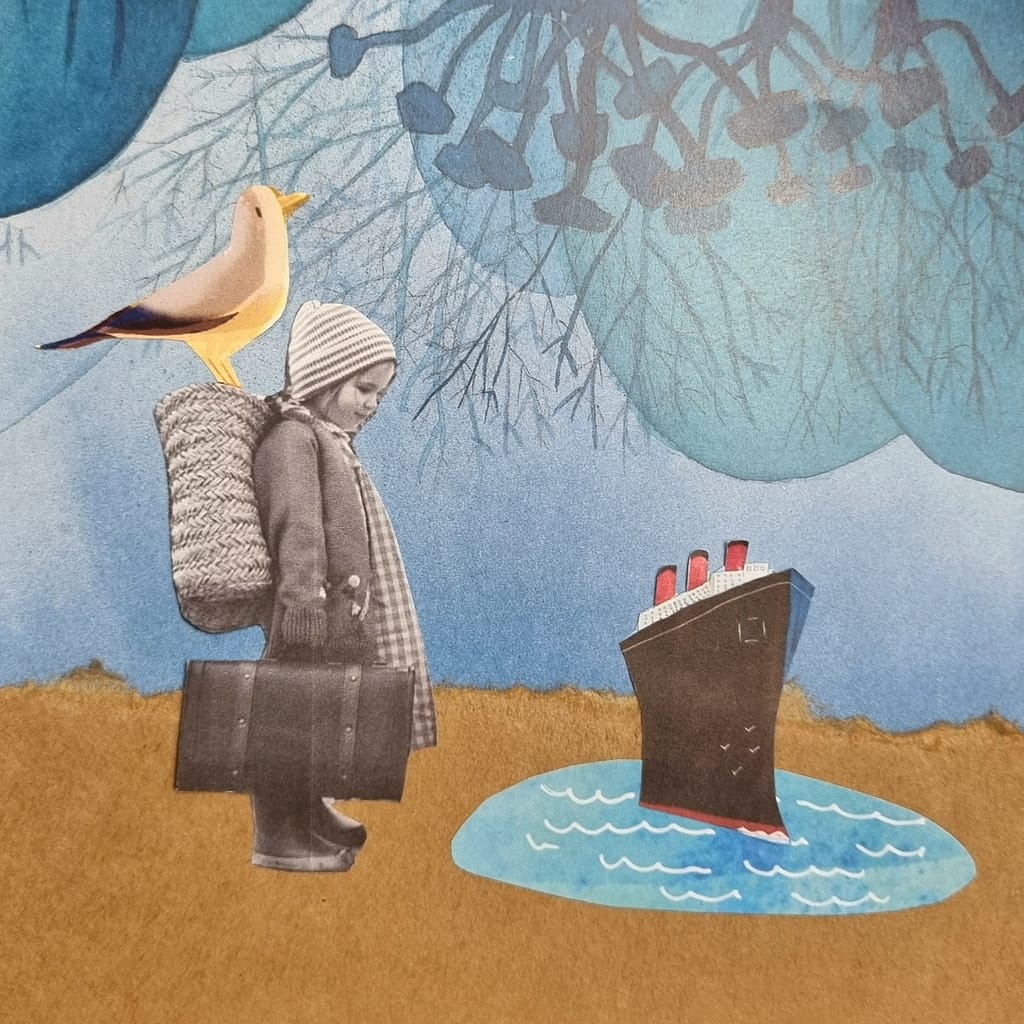 Collage : l'ombre d'une fillette s'étire vers un ciel étoilé
