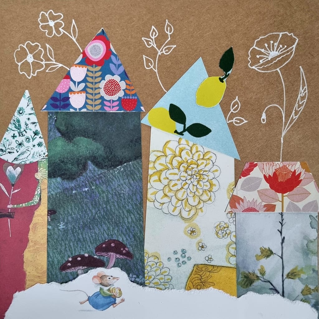 Collage : un village de maisons de papier fleuries