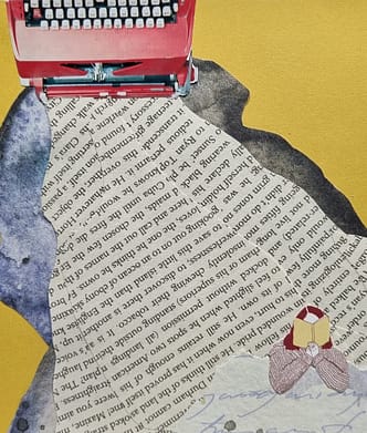 Collage poétique de Cécile Desmarest : une machine à écrire d'où coule une cascade de mots, et une petite lectrice