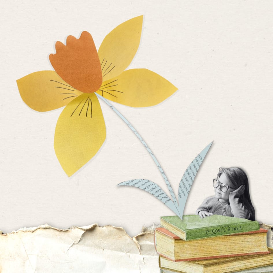 Collage : une jonquille et une fillette sur une pile de livres