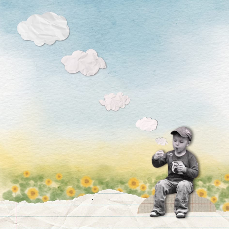 Collage : un enfant souffle des nuages de papier
