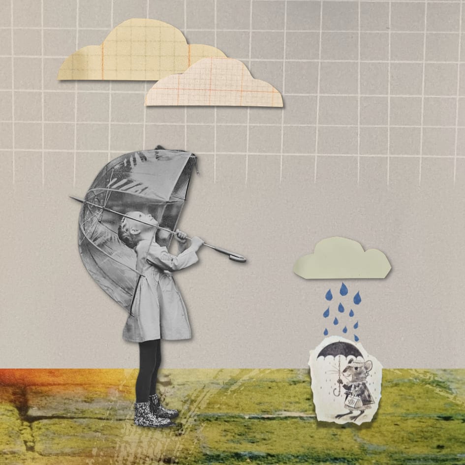 Collage : une fillette sous la pluie avec une petite souris