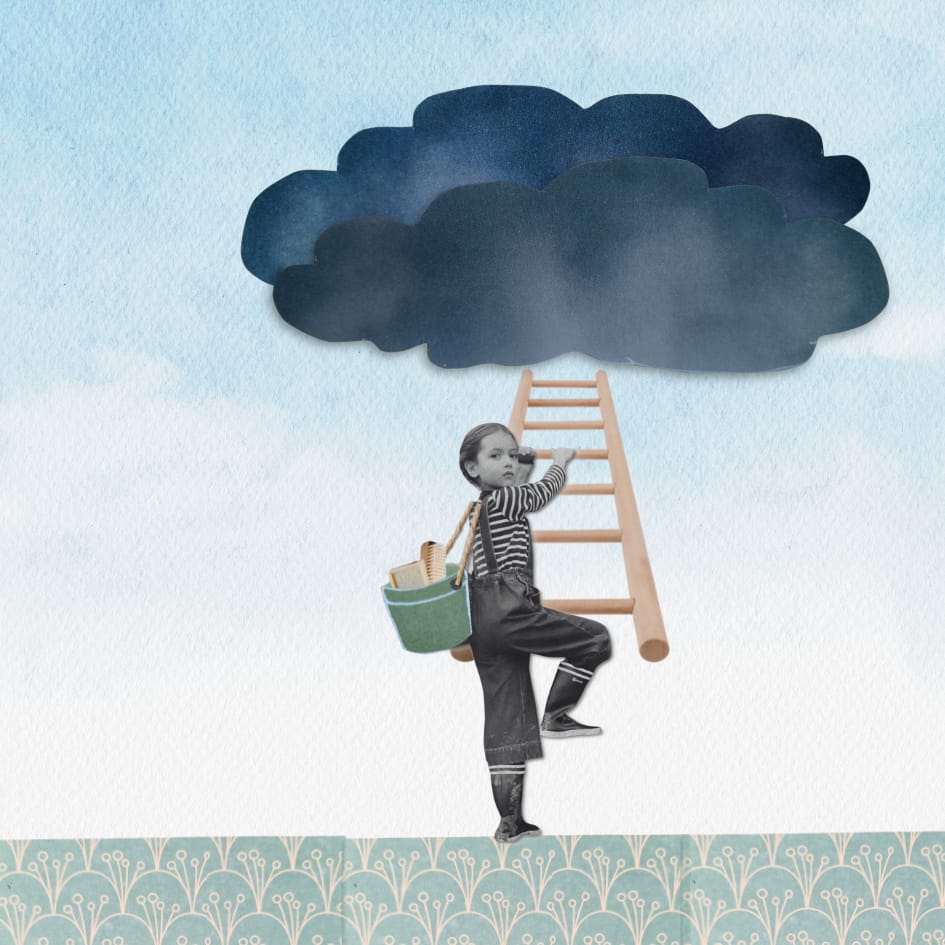 Collage : une enfant grimpe une échelle vers un nuage