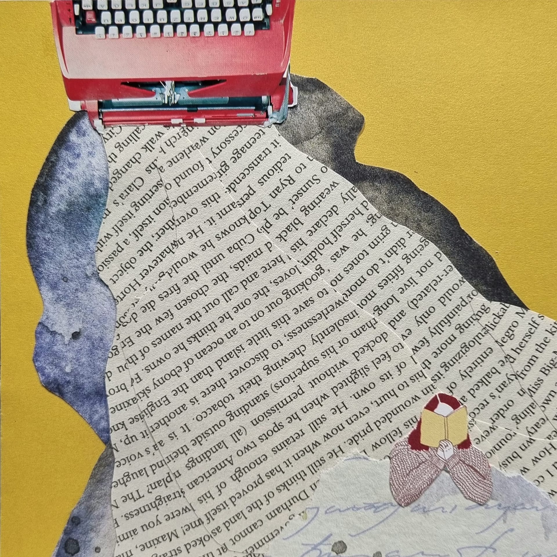 Collage poétique de Cécile Desmarest : une machine à écrire d'où coule une cascade de mots, et une petite lectrice
