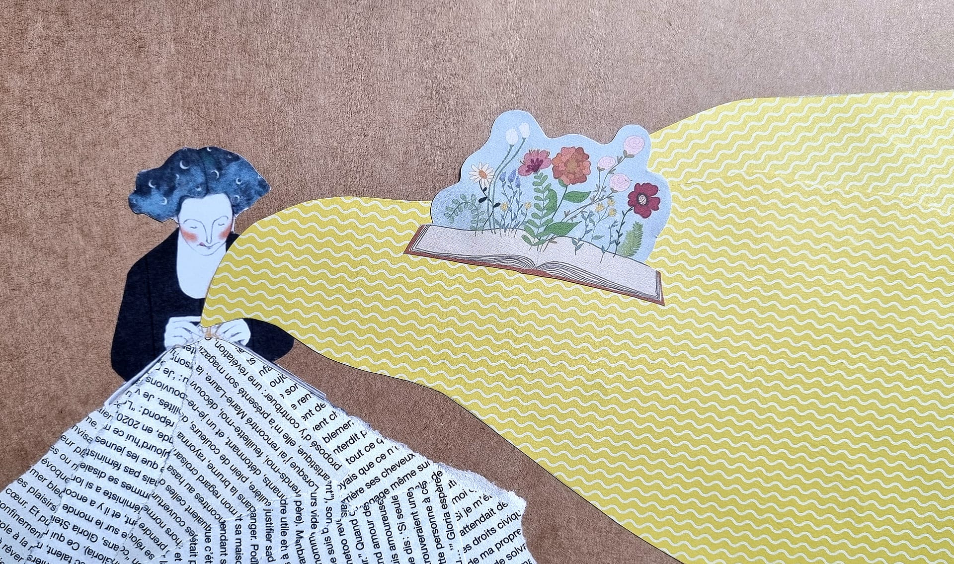 Collage de Cécile Desmarest : une femme tisse des pages d'histoire, et un livre fleurit de graines de lumière